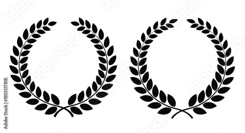 Two symmetrical laurel wreaths black and white simple botanical illustration