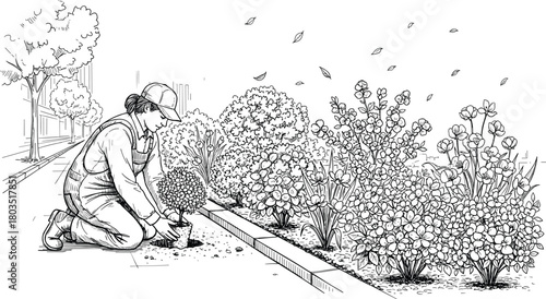 Urban gardener planting autumn shrub, landscaping sidewalk greenery, seasonal foliage care, outdoor horticulture work in city environment