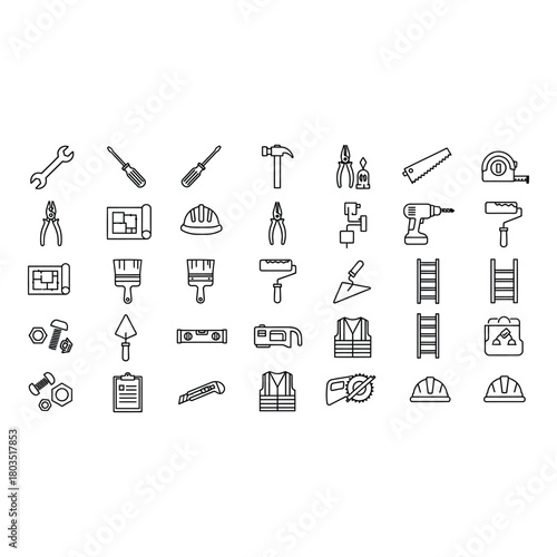 Construction and renovation icon set various tools and building equipment