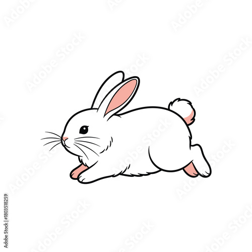 A cute white rabbit with pink inner ears and pads is depicted in a charming cartoon style, actively running or hopping across a clean white background, exuding playfulness and energy.