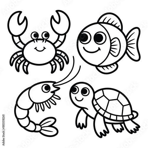 Cute marine animals in cartoon outline style illustration for children