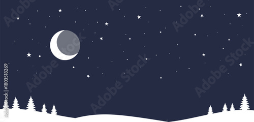 Winter night scene with snow covered hills trees moon and starry sky above