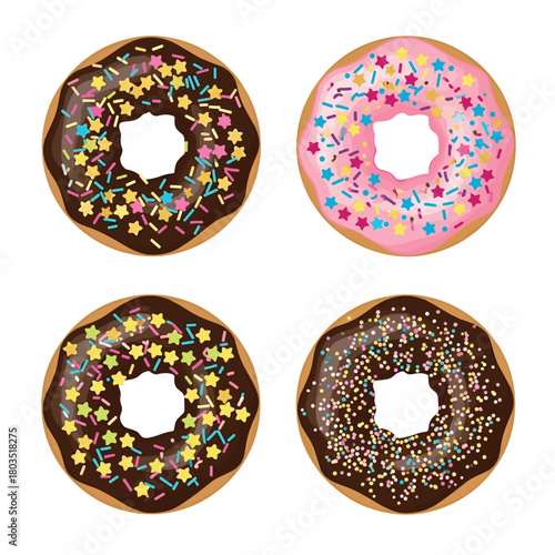 A delightful collection of four colorful and tempting donuts, each adorned with sweet frosting and a variety of vibrant sprinkles, perfect for a treat.