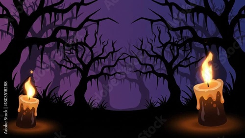 Spooky Forest with Lit Candles Halloween Night Scene.