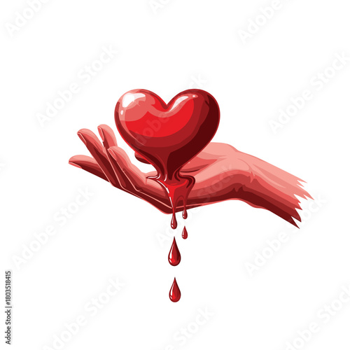 A symbolic image featuring a human hand gently holding a glossy red heart from which droplets of a dark red liquid are slowly falling, representing love, sacrifice, or pain.
