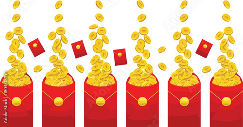 Chinese New Year icon vector—red envelopes with falling gold coins, floating seals, and festive prosperity symbols for celebration visuals