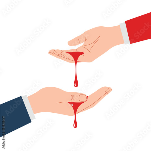 A poignant illustration of blood donation and the transfer of life-giving fluid from one hand to another, emphasizing humanitarian aid and continuous support.