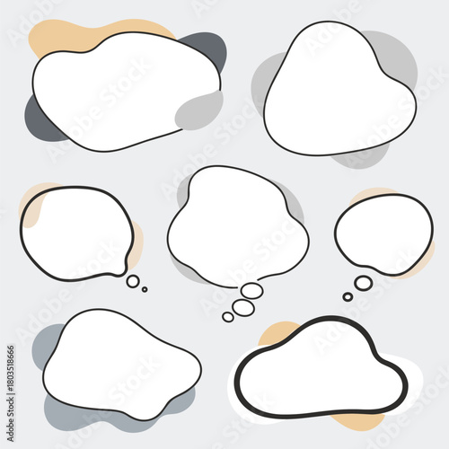 Hand-drawn collection of abstract speech and thought bubbles with organic shapes and subtle color splashes, ideal for conveying dialogue, ideas, and communication.