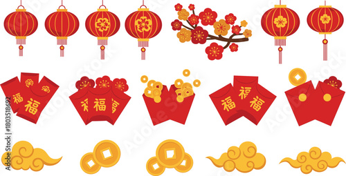 Chinese New Year icon vector—福 envelopes, lanterns, plum blossoms, gold coins, and clouds for prosperity and festive celebration visuals
