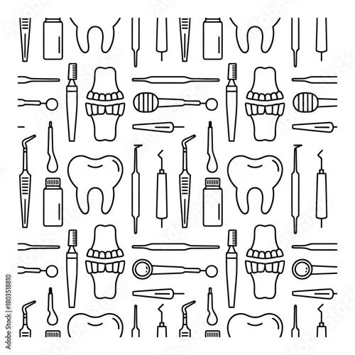 Dental Care Outline Pattern Background with Instruments and Teeth Black and White