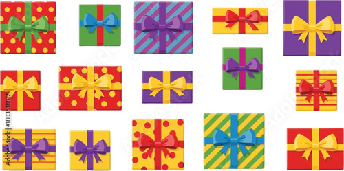 Colorful assortment of wrapped gifts with bows for holidays and special occasions