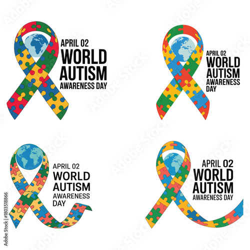 World Autism Awareness Day Puzzle Ribbon Vector with Earth Design