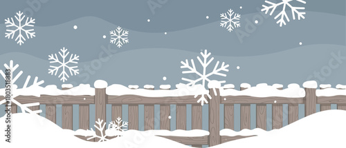 Winter scene with snowflakes falling on a snow covered fence in a cartoon style