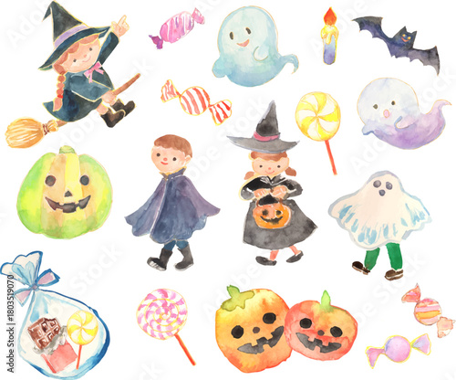 水彩で描いたハロウィンのイラストセット　ベクター