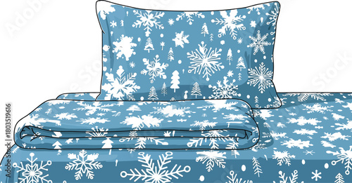 Blue winter bedding set with snowflakes and christmas trees for cozy bedroom