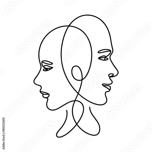 One Line Art: Two Human Face Profiles Continuous Drawing Duality and Connection Concept