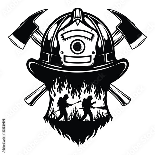 Firefighter helmet with crossed axes and two firefighters silhouette illustration