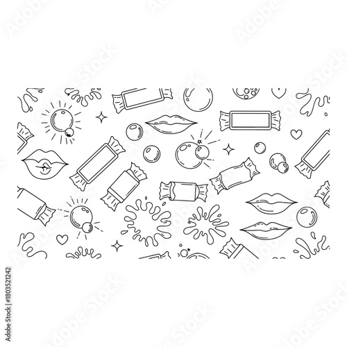 Fun monochrome seamless pattern with wrapped candies and bubblegum
