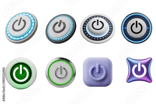 Assorted 3d power button icons collection isolated on transparent background