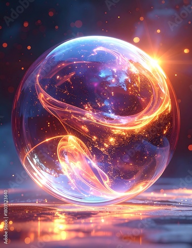 A vibrant, glowing orb filled with cosmic energy and swirling light, resting on a reflective surface. The sphere emits radiant illumination