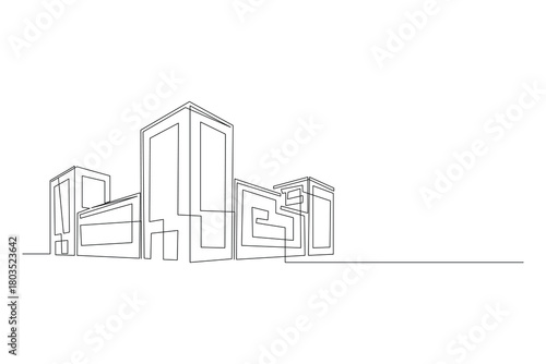 Single continuous line drawing of urban architectural buildings in downtown area