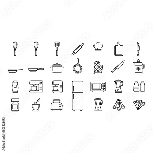 Line art kitchen utensils equipment cooking tools for culinary usage