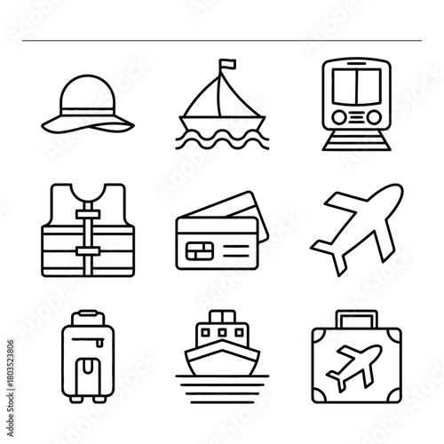 Line art vector illustrations of travel vacation and transportation modes