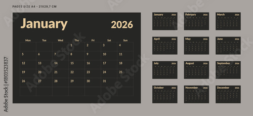 Set of 12 Pages Monthly Calendar Planner Templates on 2026 year. Vector mockup of a wall or desktop calendar organizer grid with the week starting on Monday ready print. Page for size A4 -21x29.7 cm