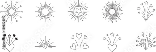 Set of ten different fireworks isolated on for festive celebrations isolated transparent background