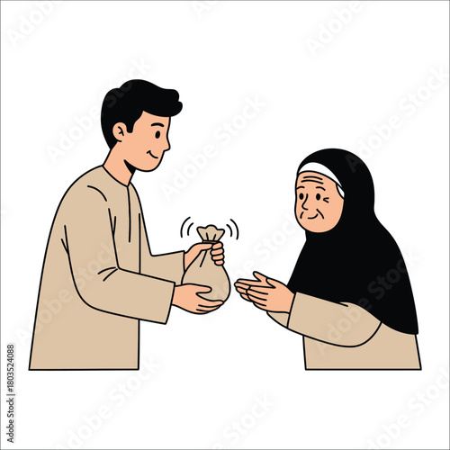 Man gives bag of money to elderly woman in traditional clothing giving charity