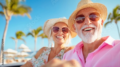 Joyful travel couple: A senior couple is smiling and taking selfie. Captured moment to experience the fun of traveling in a sunny day.