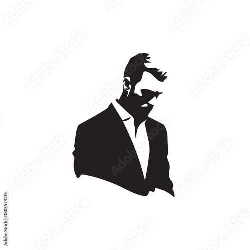 Black and White Handsome Man Illustration in Clean Vector Line Art Style on Minimal Background