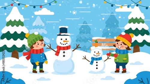 Children Building Snowmen in Winter Wonderland Scene.