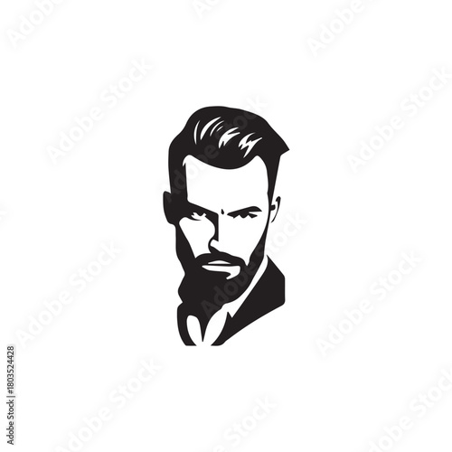 Black and White Handsome Man Illustration in Clean Vector Line Art Style on Minimal Background