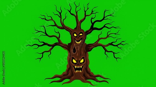 Animated Spooky Tree with Glowing Eyes and Green Screen.