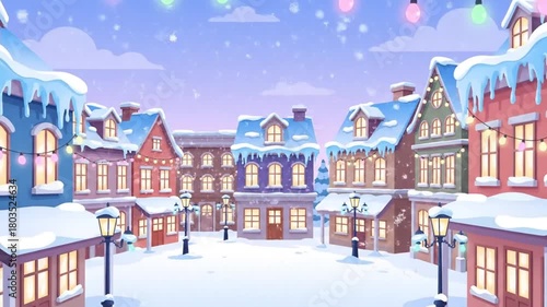 Animated Winter Village Scene with Snow Lights and Houses.