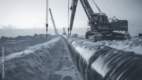 Pipeline construction in winter with heavy machinery