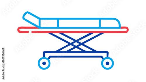 A blue and red stretcher with wheels on black background