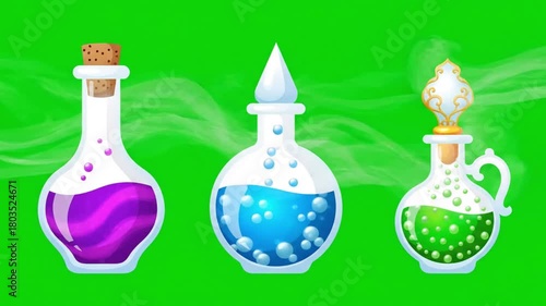 Animated Magic Potion Bottles with Green Screen Background.