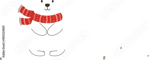 Cute polar bear wearing a red scarf standing in a snowy winter landscape