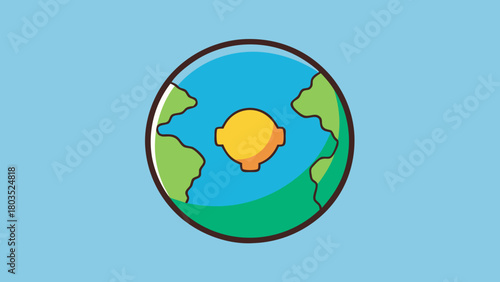 A cartoon earth with a central orange sun in a blue environment