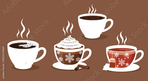 Assortment of festive winter beverages with snowflake designs on a brown background