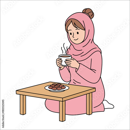 Muslim woman in hijab drinking from a cup with dates on a plate on white background Keywords