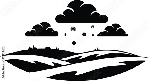 Winter landscape with snow falling on rolling hills under cloudy skies above