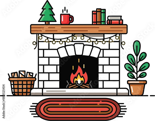Cozy christmas fireplace scene with tree mug and books in a cartoon style
