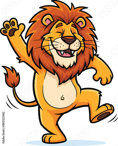 Cartoon lion dancing, happy animal character, joyful mascot illustration, playful jungle creature, kids content, cheerful pose, animated lion artwork