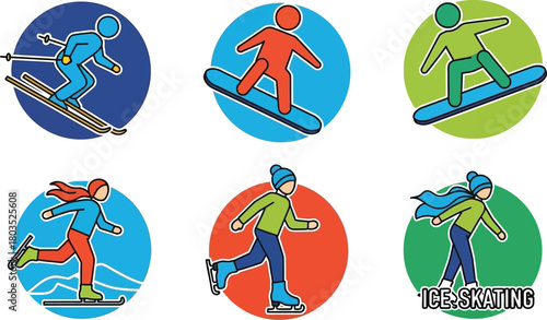 Winter sports icons showing skiing snowboarding and ice skating activities