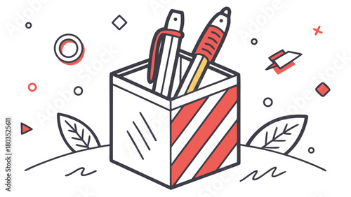 A pen holder with pens in a vector graphic illustration