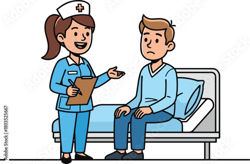 Cartoon nurse talking to patient, hospital bed scene, healthcare illustration, medical staff communication, friendly nurse, hospital room, patient care