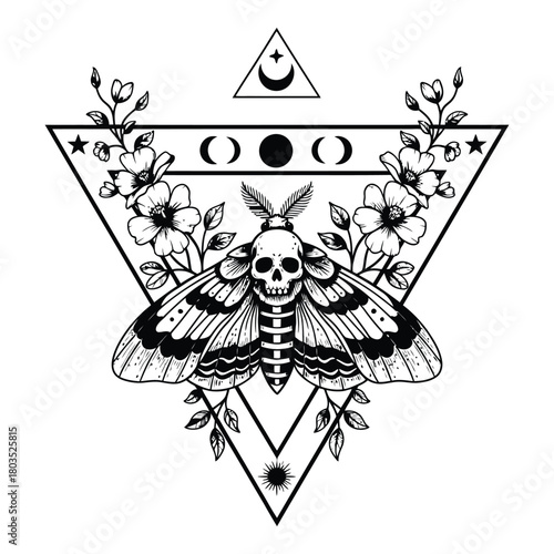 Mystical moth and skull design with lunar phases and floral elements